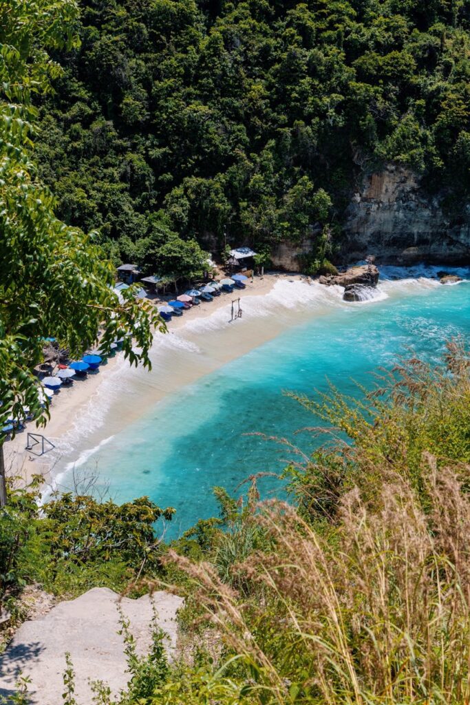 beach lined with blue umbrellas seen from the cliff