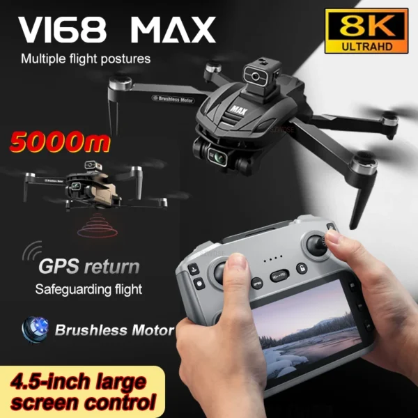Nowy profesjonalny dron GPS V168 MAX 8K z funkcją unikania przeszkód, dużym ekranem, składanym pilotem i bezszczotkowymi silnikami. - AliExpress