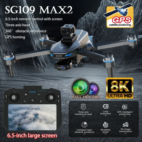 Dron GPS SG109 MAX2 z kamerą 8K, 3-osiowym gimballem, laserowym unikaniem przeszkód, ekranem, pilotem WIFI, 5G FPV, bezszczotkowy RC, nowy model 2025 - AliExpress