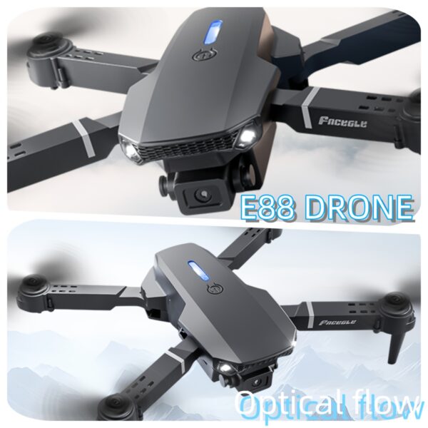 FACEGLE E88 Drone z Podwójnymi Kamerami, Składany Dron z Jednym Dotknięciem Startu/Lądowania, Optyczne Pozycjonowanie Przepływu, Wi-Fi FPV Quadcopter, Przenośny Dron o Długim Czasie Lotu, dla Dorosłych i Początkujących, Fotografia Lotnicza