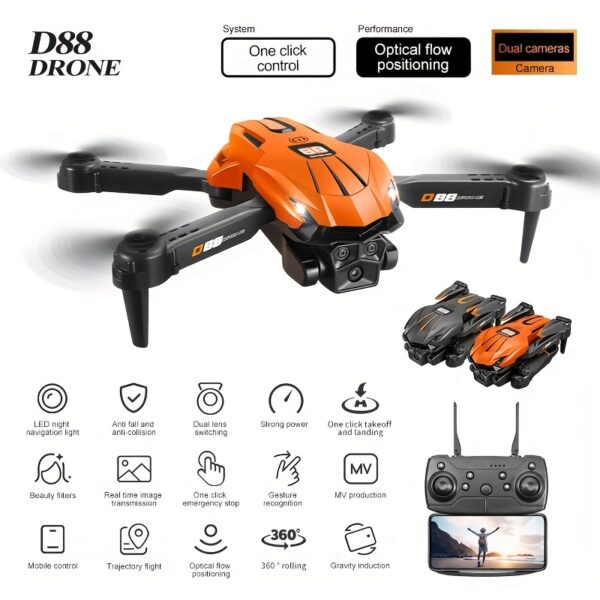 Nowy D88 Lekki Drone z Podwójną Kamerą, Wygląd w Stylu Samochodów Sportowych, Pozycjonowanie Przepływem Optycznym, Tryb Bezgłowy, Jednoprzyciskowe Start i 360° Flip – Idealny dla Początkujących Nastolatków do Zabaw na Zewnątrz, Wygodne Urządzenie Rozrywkowe, Dron Długiego Zasięgu,Dron z Ekranem,Dron Długodystansowy,Dron wewnętrzny, Dron Rekreacyjny do Ogrodu,Praktyka Drona dla Początkujących,Dron z Jednym Klawiszem Startu,Dron z Optycznym Przepływem,Przyjazna Estetyka Drona, - obrazek 10