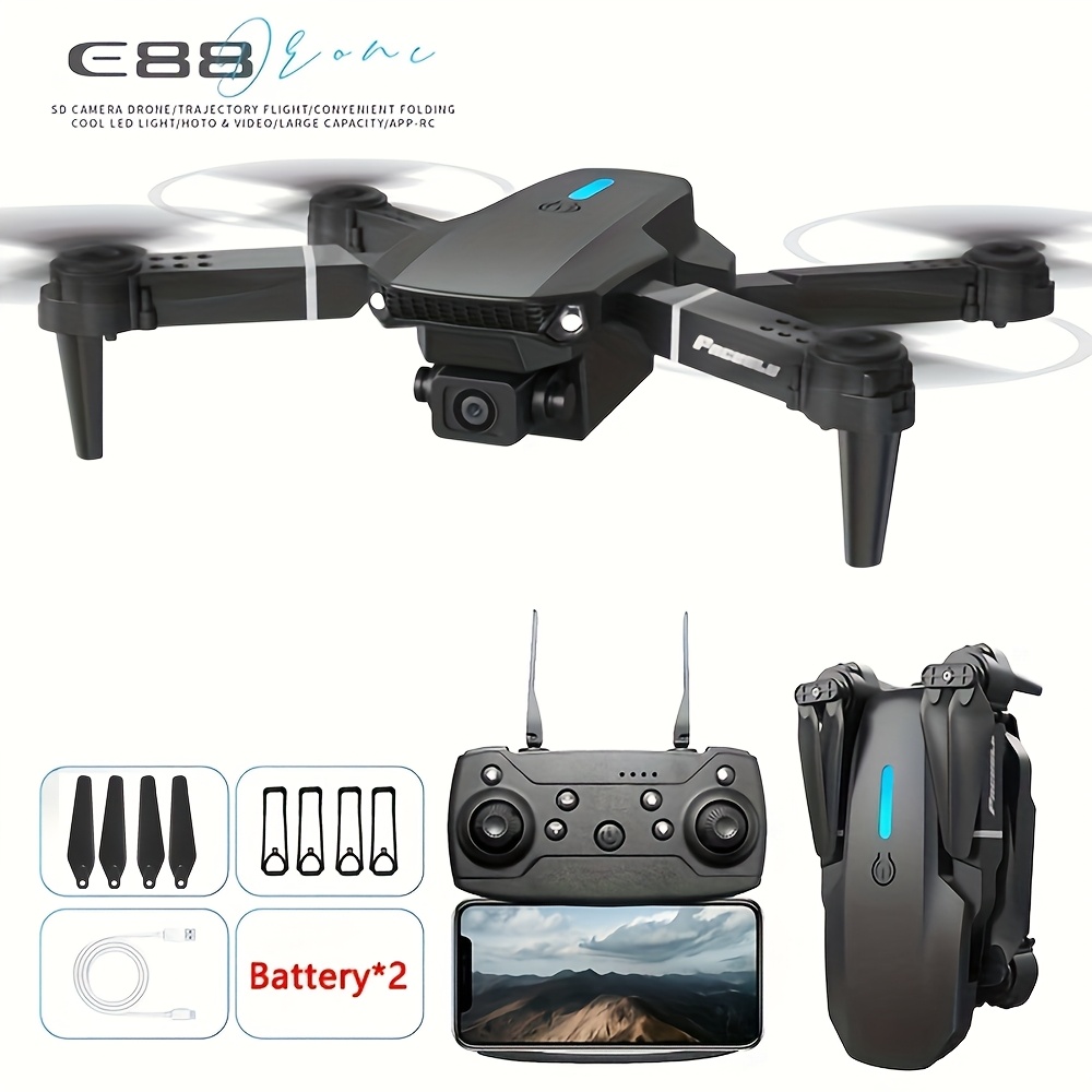 Nowy Lekki Dron E88 z Podwójnymi Kamerami, Podwójnymi Bateriami, Stabilny Lot, Dron Zabawka dla Początkujących, Składany Quadcopter, Prezent na Halloween i Boże Narodzenie, Profesjonalny/dron premium K, Mini Dron, Dron K, Dron - obrazek 3