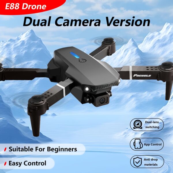[Dron z Podwójną Kamerą] Zasięg 50m E88 Profesjonalny Dron - Prędkość 4 m/s, Pilot, Utrzymanie Wysokości, Ładowanie USB, Bateria Li-Poly, Do użytku wewnątrz i na zewnątrz, Dron z kamerą,Dron z pilotem zdalnego sterowania i ekranem,Wysokiej Jakości Dron,Dron Długodystansowy,Dron wewnętrzny,Samolot Latający Dron,Mini Dron,Mini Dron,Dron z Ekranem, Latanie w Pomieszczeniach,Fotografia Lotnicza,Przenośny Quadcopter,Kompaktowa konstrukcja,Silnik bezszczotkowy,Stabilny Lot, - obrazek 4