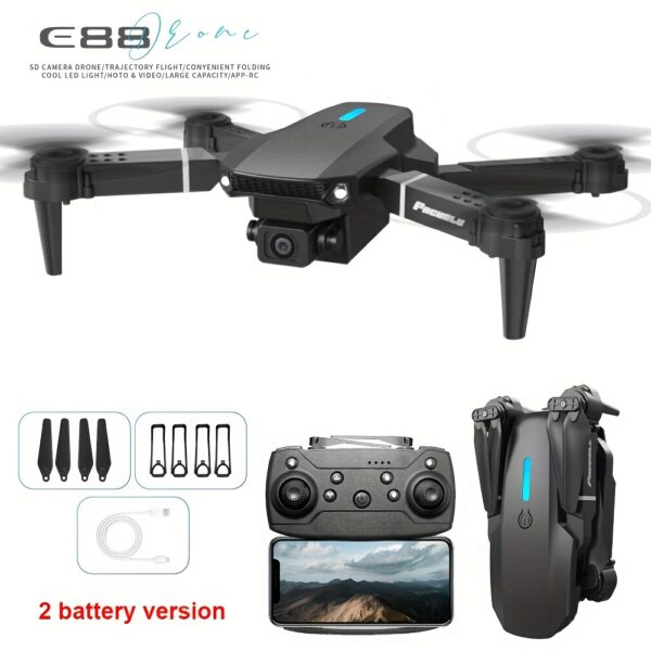 Ulepszony dron E88 z optycznym pozycjonowaniem przepływu światła - WiFi, dwustronnie składany zdalnie sterowany quadcopter z funkcją utrzymywania wysokości, idealny dla początkujących i rozrywki na świeżym powietrzu, doskonały prezent na Boże Narodzenie, Halloween i Dzień Dziękczynienia, najlepszy mini quadcopter, składany - obrazek 3