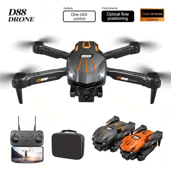 Drone D88 z Podwójnymi Kamerami, Inteligentne Unikanie Przeszkód, Składany z Ochroną Antykolizyjną, GPS-less, Hovering Optical Flow, Ładowanie USB, RC Quadcopter dla Początkujących, Lekki FPV Racing Drone dla Dorosłych i Dzieci, Prezent na Urodziny/Swiatki (Czarny/Pomarańczowy) - Idealny do Fotografii Lotniczej & Wyścigów FPV, Trwała Konstrukcja, Design Elegancki, dla Miłośników Technologii - obrazek 8
