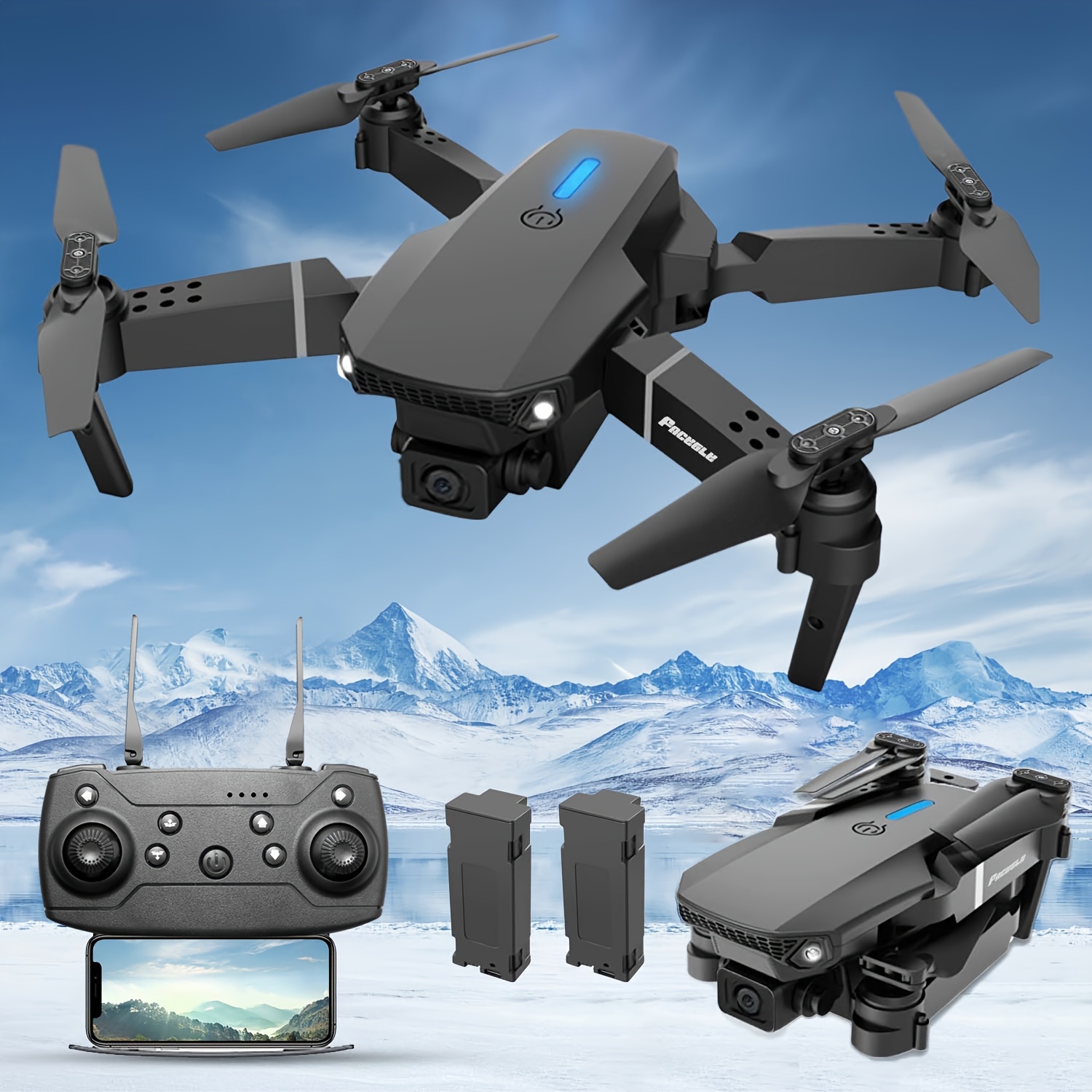 Nowy Lekki Dron E88 z Podwójnymi Kamerami, Podwójnymi Bateriami, Stabilny Lot, Dron Zabawka dla Początkujących, Składany Quadcopter, Prezent na Halloween i Boże Narodzenie, Profesjonalny/dron premium K, Mini Dron, Dron K, Dron - obrazek 8